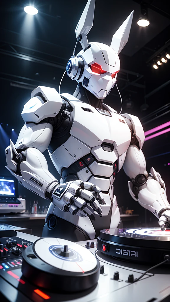 robot rabbit, White color, masculine, humanoid, in a club playing a turntable and dj mixer,