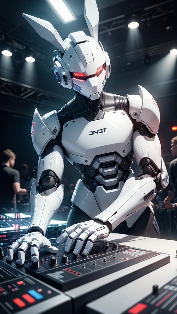 robot rabbit, White color, masculine, humanoid, in a club playing a turntable and dj mixer,