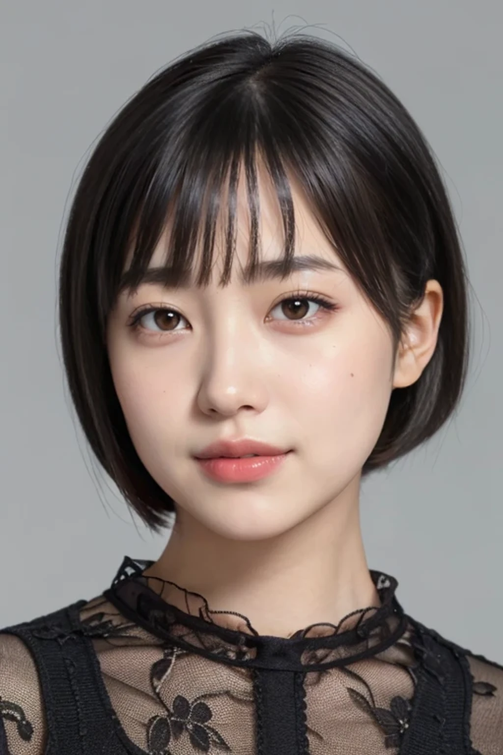 8k, RAW photo, best quality, masterpiece, realistic, photo-realistic, clear, professional lighting, BREAK, beautiful face, no makeup face, eyes and faces with detailed, best quality, ultra high res, BREAK, (portrait:1.3), BREAK, realistic Japanese cute girl, 14 years old, (short cut hair, laugh:1.2), BREAK, standing, small breasts, BREAK, (black eyes, black hair:1.2), (no background, looking at viewer:1.2), (rim lighting:1.3)