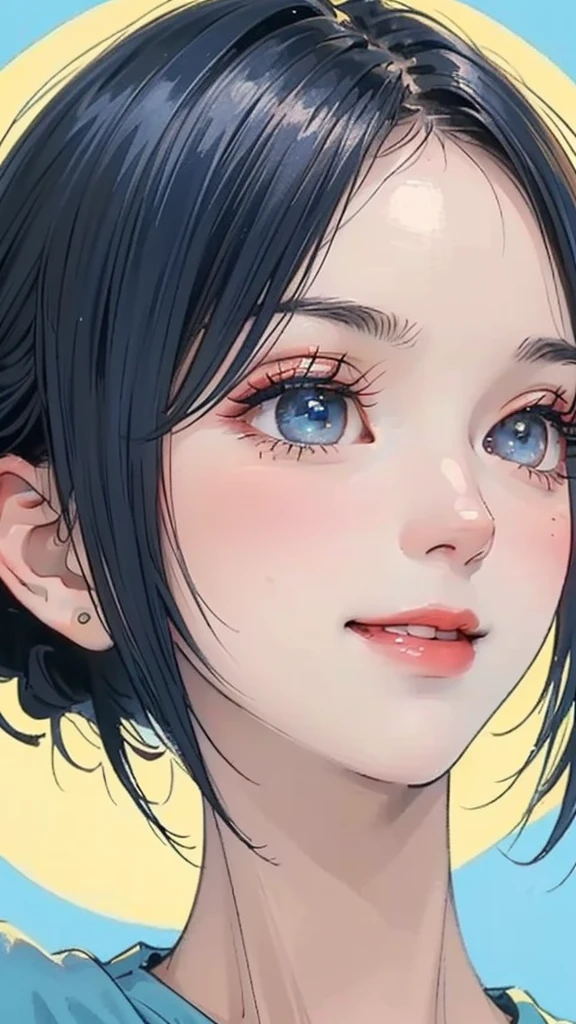 (((One woman)))、(Top resolution、Distinct_image) best qualtiy、(((Pop)))、1990's、((colorful backdrop))、((illuminating))、ighly detailed、Semi-realistic、Sky blue colored hair、((hairstyle I made、A smile、bangss、20yr old、young、((tshirts))、delicate facial features facial features、View from below、((Detailed eyes))