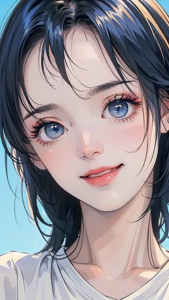(((One woman)))、(Top resolution、Distinct_image) best qualtiy、(((Pop)))、1990's、((colorful backdrop))、((illuminating))、ighly detailed、Semi-realistic、Sky blue colored hair、((hairstyle I made、A smile、bangss、20yr old、young、((tshirts))、delicate facial features facial features、View from below、((Detailed eyes))