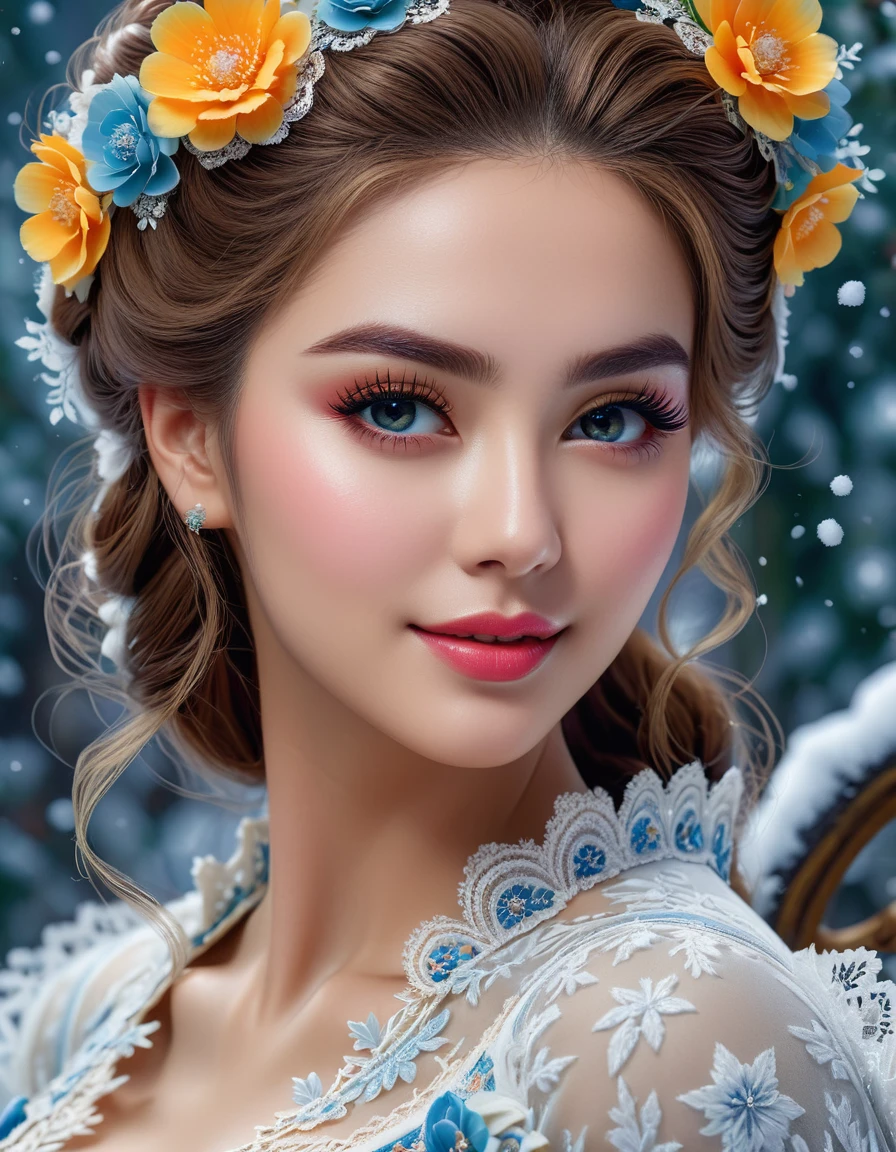 ultra high quality image, close-up, stunningly beautiful girl, long fluffy eyelashes, modern rococo style, with impressionistic softness, snow-white smile, bright colors, ambient lighting, clothes decorated with intricate lace and flowers reminiscent of the era, the scene exudes the highest quality , mutual love, 8k HDR Dolby Vision, digital art, ultra HD, realistic, vibrant colors, high detail, perfect composition, beautiful detailed intricate insanely detailed octane rendering, trending on artstation, 8k art photography, photorealistic concept art, soft natural 3D cinematic perfect light. Lots of details, intricate details, brilliant, magical, stunning, a work of art, a masterpiece.