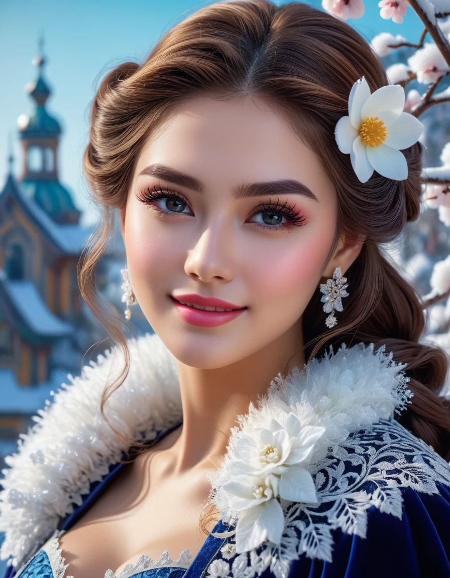ultra high quality image, close-up, stunningly beautiful girl, long fluffy eyelashes, modern rococo style, with impressionistic softness, snow-white smile, bright colors, ambient lighting, clothes decorated with intricate lace and flowers reminiscent of the era, the scene exudes the highest quality , mutual love, 8k HDR Dolby Vision, digital art, ultra HD, realistic, vibrant colors, high detail, perfect composition, beautiful detailed intricate insanely detailed octane rendering, trending on artstation, 8k art photography, photorealistic concept art, soft natural 3D cinematic perfect light. Lots of details, intricate details, brilliant, magical, stunning, a work of art, a masterpiece.