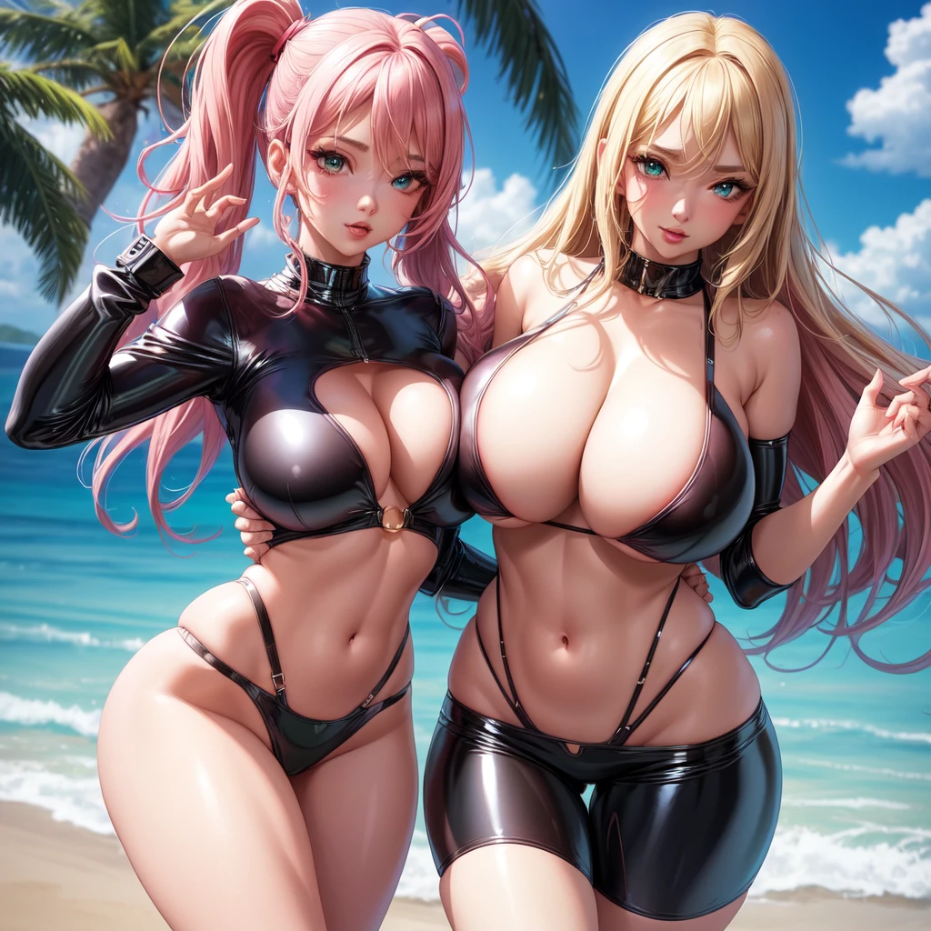 ((2 girls), solo, clevage, Big round perky breasts, lots of clevage, trendy, stylish, clevage, thighs, hips, realistic, pink hair, blonde hair, light green eyes, lip gloss, detailed face, amazing big eyes, eye details, big lips, eyebrow details, blush, naughty, mischevious face, HD, good quality, latex bikini, clevage