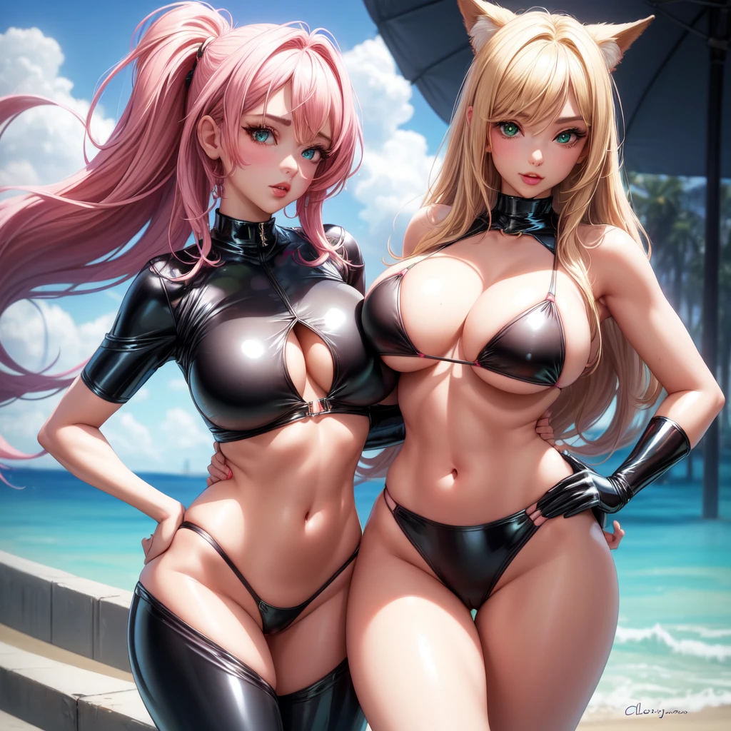 ((2 girls), solo, clevage, Big round perky breasts, lots of clevage, trendy, stylish, clevage, thighs, hips, realistic, pink hair, blonde hair, light green eyes, lip gloss, detailed face, amazing big eyes, eye details, big lips, eyebrow details, blush, naughty, mischevious face, HD, good quality, latex bikini, clevage