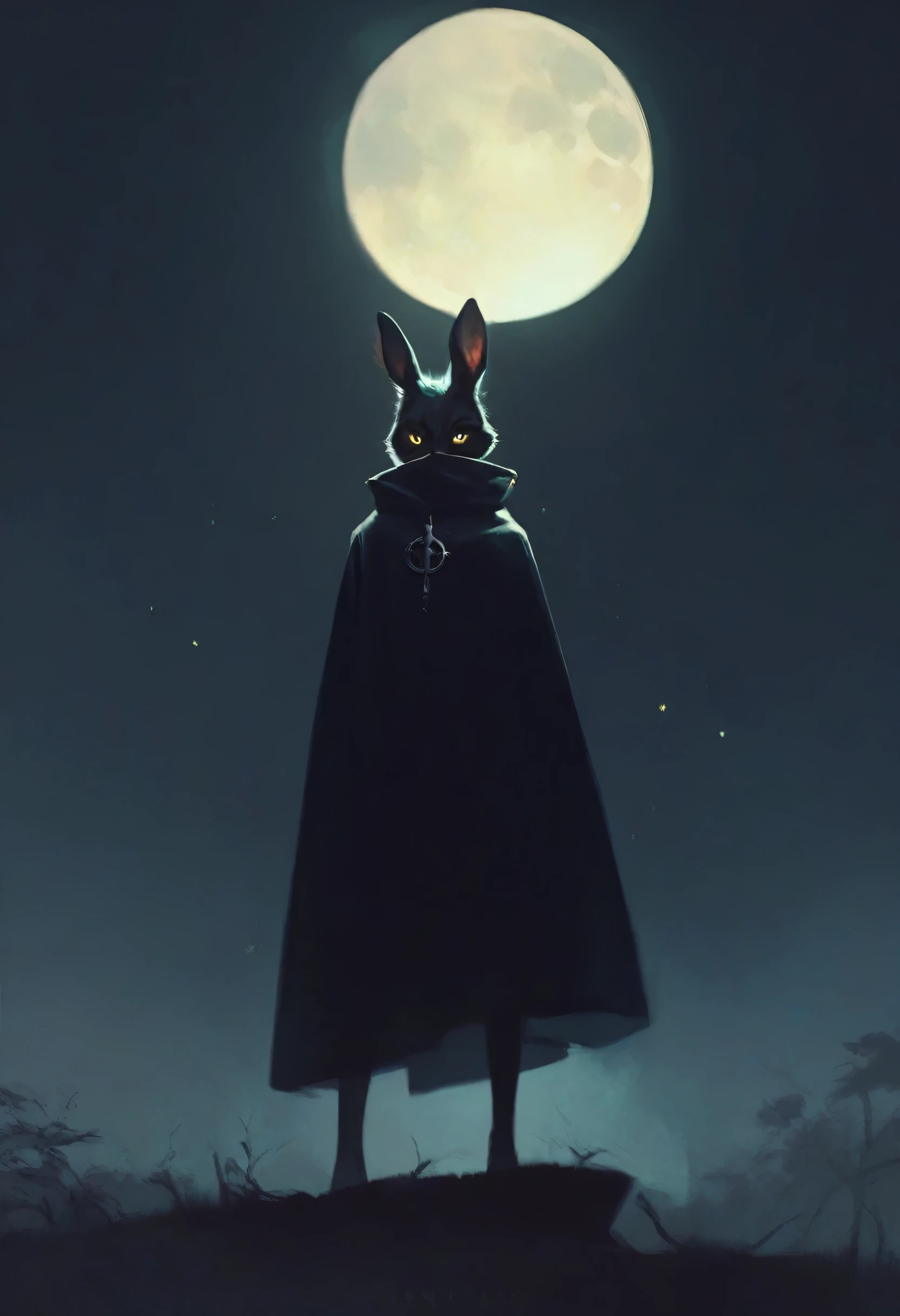 black furry bunny standing under the moonlight wearing a cloak and has glowing yellow eyes , dark background, high detail, no light, woods landscape in the middle of the night, mistic, full moon, moonlight, (flat shading:1.2), (minimalist:1.4)
