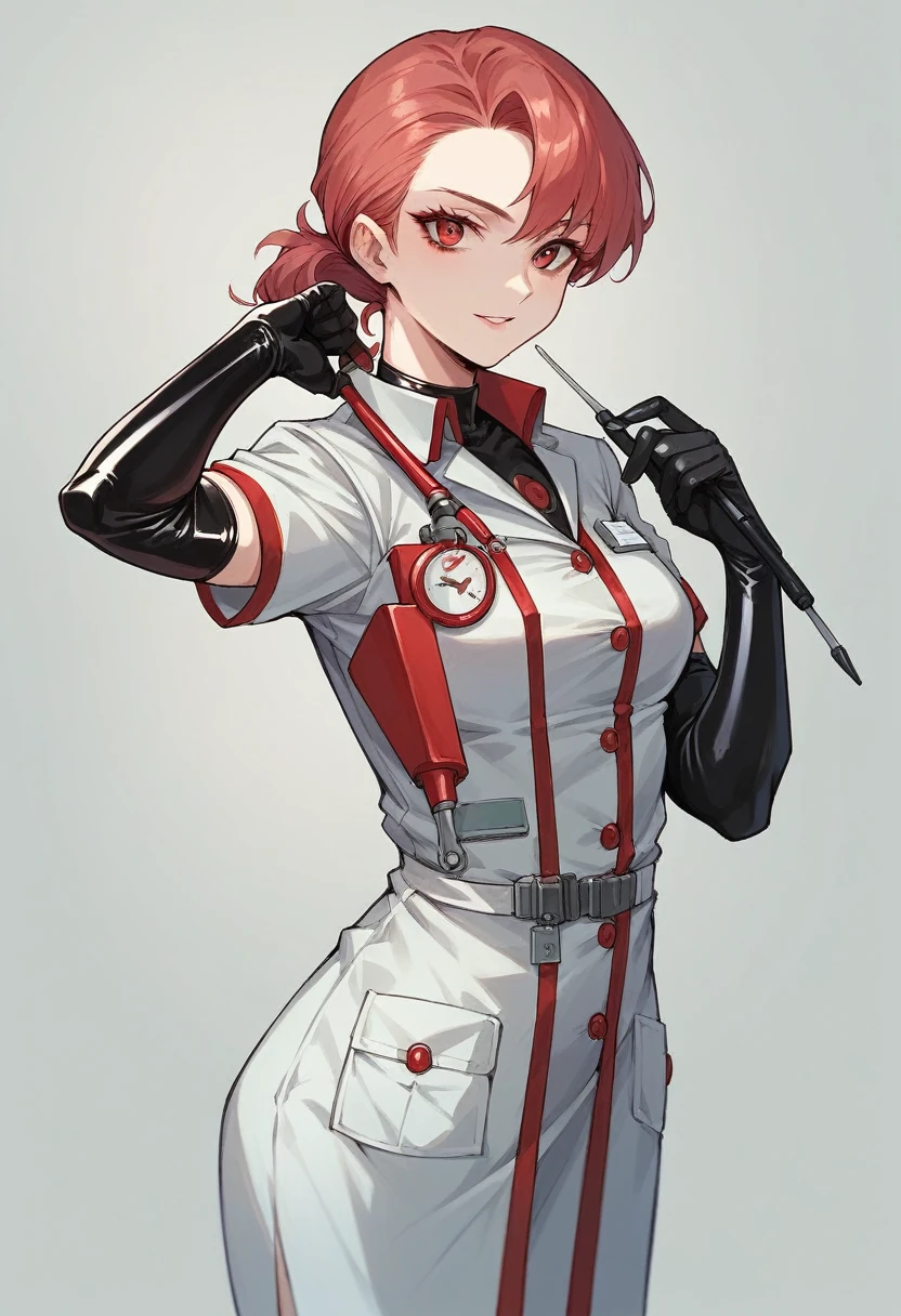 1girl, ((black elbow gloves)), ((surgical gloves)), ((latex gloves)), ((long sleeves)), ((red surgeon outfit)), ((red doctor outfit)), looking at viewer, standing, solo