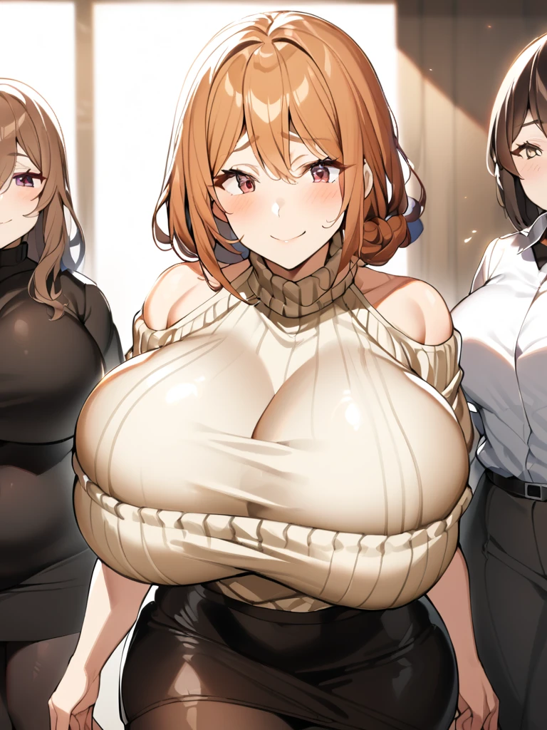 1 adult female、35-year-old woman、Huge breasts:1.5、sagging breast:1.5、Brown Hair、Light red eyes、Wavy Hair、Bobcut、milf、off-shoulder sweater、potbelly、Worried brow、smile、Gorgeous Mom、Black tight skirt、Walk gracefully