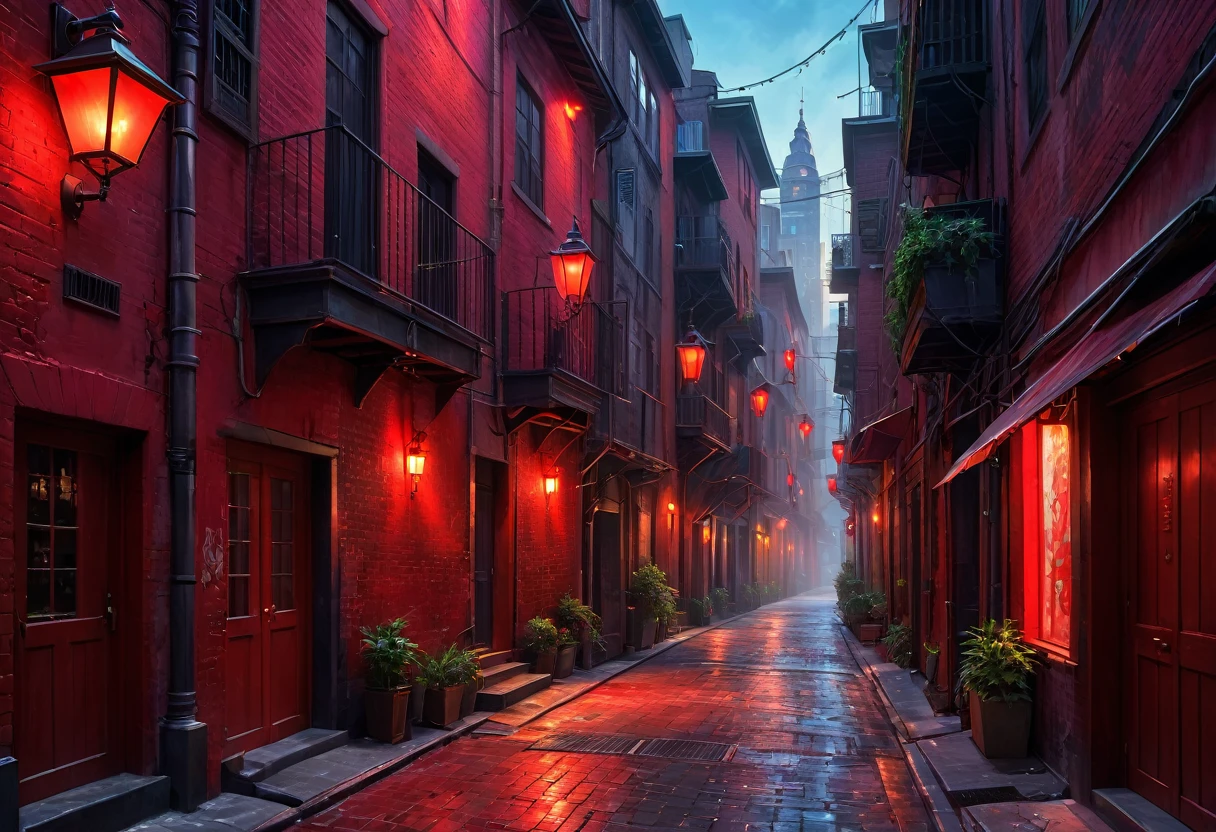 luxury city alley, riches, red lighting, HDR, 4k resolution, (painting realistic : 1.3), (ultra high resolution: 1.0 ), (((best quality, 8 thousand, masterpiece:1.4))