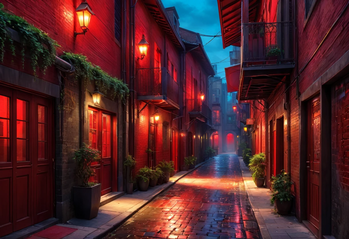 luxury city alley, riches, red lighting, HDR, 4k resolution, (painting realistic : 1.3), (ultra high resolution: 1.0 ), (((best quality, 8 thousand, masterpiece:1.4))