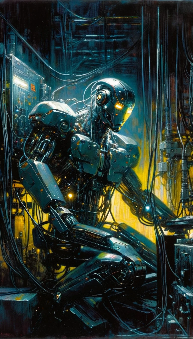 cyborg, charging, plugged into machinery, dark scene,(art inspired by Bill Sienkiewicz, intricate details, oil painted )