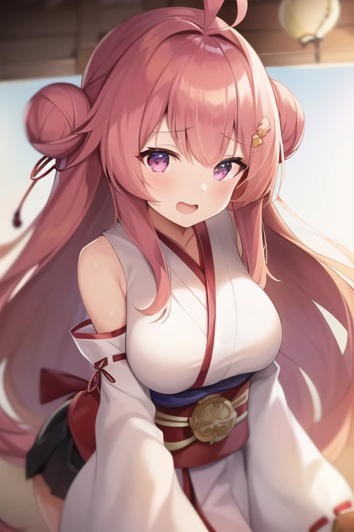 One girl, alone, Long Hair, King Kongu (Kantai Collection),Sakura Miko, Pink Hair, Double Bang, Purple eyes, Hair Bun, Ahoge, Open your mouth, Non-traditional Shrine Maiden, Removable sleeves, Brown eyes, White Background, (headgear):2, (Hair Bunド):2, smile, Sleeves edged with ribbon, Simple Background, kimono, Ribbon trim, View your viewers,  username, Upper Body, Wide sleeves, :d, King Kong