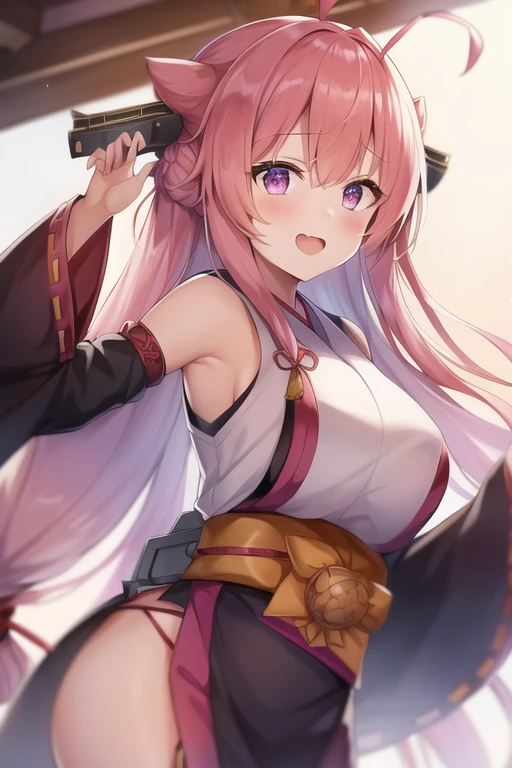 One girl, alone, Long Hair, King Kongu (Kantai Collection),Sakura Miko, Pink Hair, Double Bang, Purple eyes, Hair Bun, Ahoge, Open your mouth, Non-traditional Shrine Maiden, Removable sleeves, Brown eyes, White Background, (headgear):2, (Hair Bunド):2, smile, Sleeves edged with ribbon, Simple Background, kimono, Ribbon trim, View your viewers,  username, Upper Body, Wide sleeves, :d, King Kong