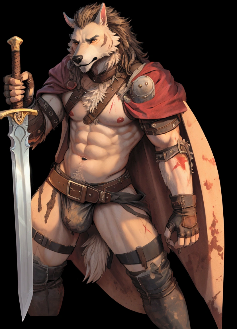 Solo Sexy young anthro furry goat male mercenary medieval solider, tall and slim slimin hips muscular, anthro handsome gay shorter muzzle, handsome gay model male apperance, sword scars, worn out leather skimpy armament, low on hips heavy leather belt, old very worn out skimpy dirty linen material jockstrap, old yellow dirty worn out stains on white sawn jockstrap, very visible "x" brown seam pattern on the jockstrap, studded skimpy armlets breastplate armor, skimpy breastplate, leather bondages, fingerless leather gloves, blooded sword, blooded armor, blooded furr, smelly unwashed furr, dirty body look, desert battlefield, standing in sexy fighting position, close view of full character