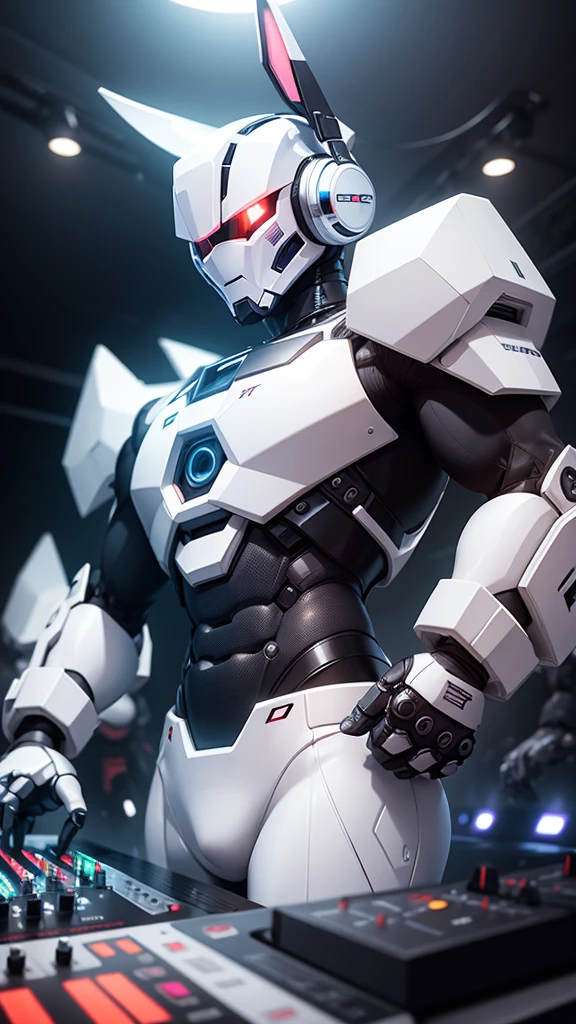 robot rabbit, White color, masculine, humanoid, in a club playing a turntable and dj mixer,