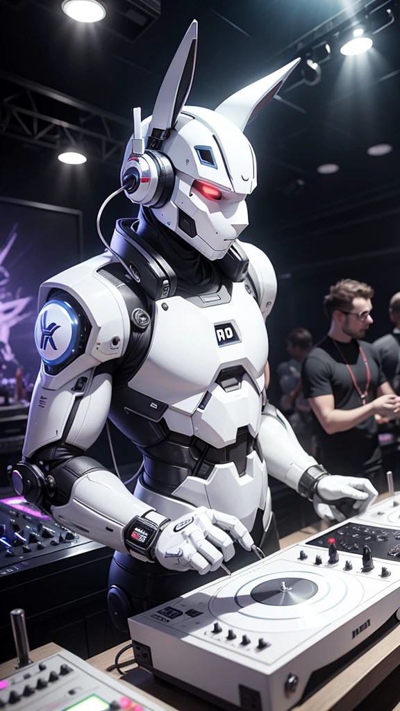 robot rabbit, White color, masculine, humanoid, in a club playing a turntable and dj mixer,