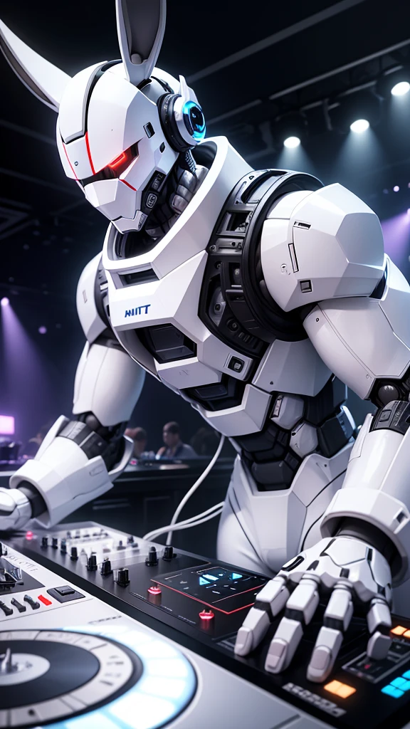 robot rabbit, White color, masculine, humanoid, in a club playing a turntable and dj mixer,