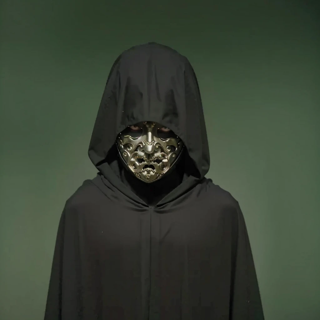 a medieval man wearing a black cloak, ornate mask, medieval clothing, detailed face, dramatic lighting, cinematic, dark fantasy, moody atmosphere, chiaroscuro