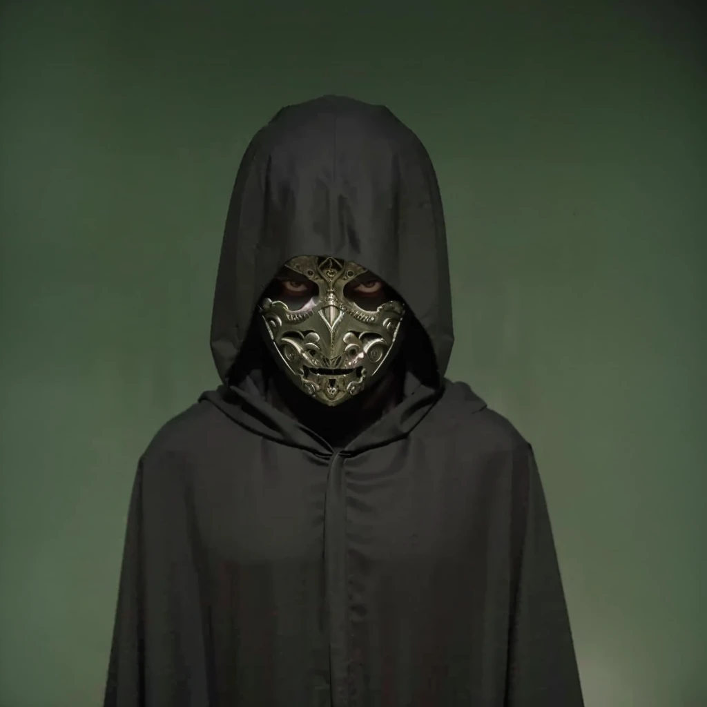 a medieval man wearing a black cloak, ornate mask, medieval clothing, detailed face, dramatic lighting, cinematic, dark fantasy, moody atmosphere, chiaroscuro