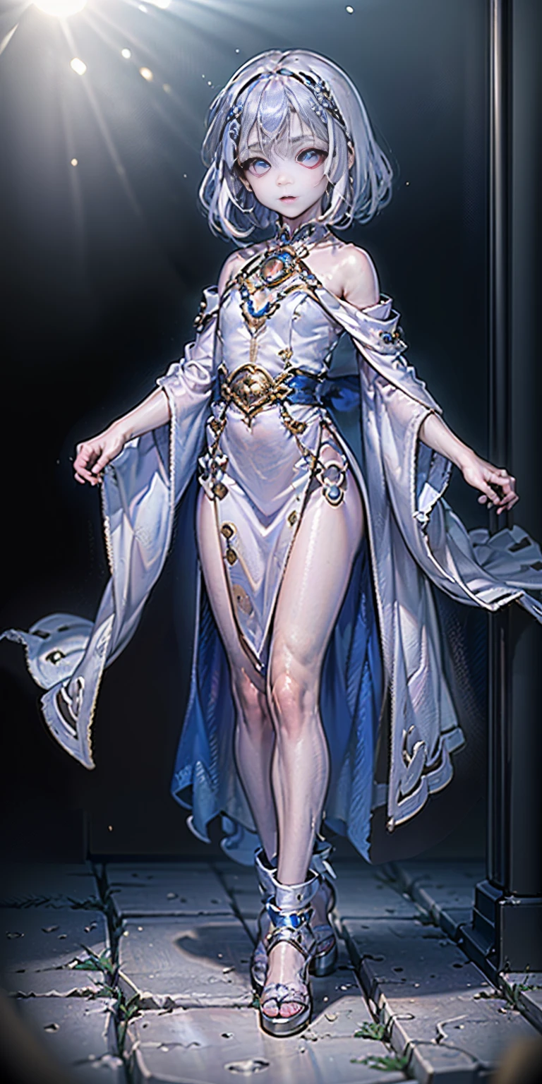 (little loli:1.3), (child:1.2), (Girlish body type), (masterpiece), (best quality), Exquisite visuals, high-definition, (ultra detailed), finely detail, ((solo)), ((gawr gura)), (medium hair), (white Silver hair), (gradient Blue), (beautiful detailed eyes), Kawai, loveliness, off shoulder, looking at viewer, bare shoulders, standing, ((full body)) pale skin