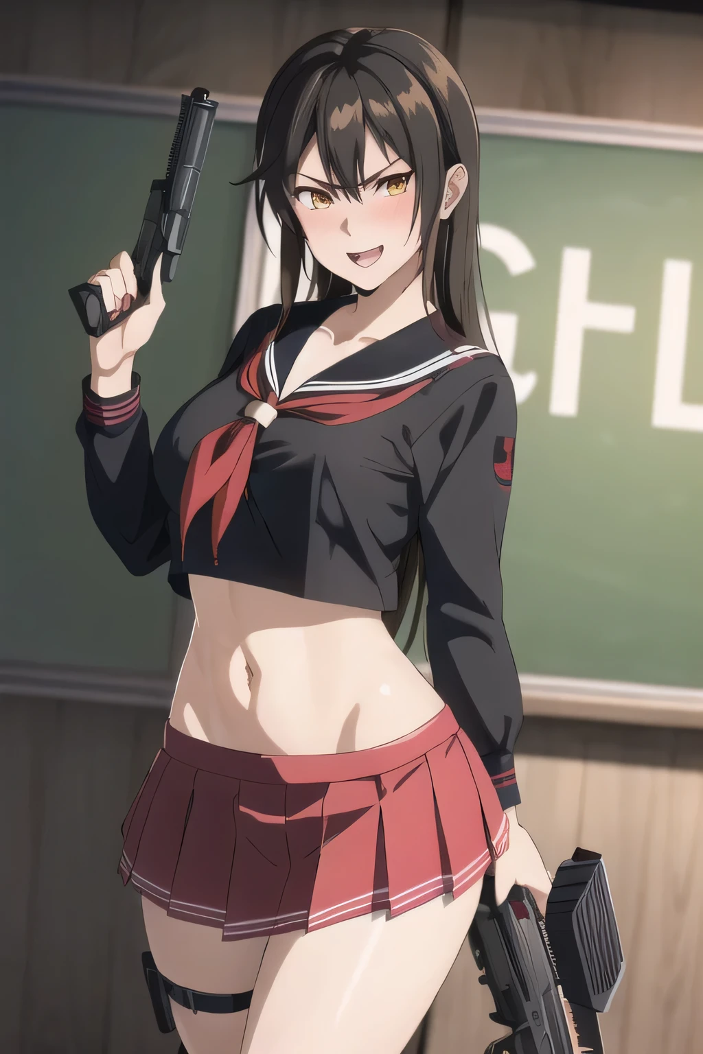 misaki, long hair, mature female, makeup, eyelashes, blush, lipstick, Hot girl, baddie, staring, glaring, bad attitude, mean girl, dare, angry, hate, crazy, smoking, sensual, attractive, masterpiece, best quality, highly detailed, a anime girls in sailor uniforms with a gun posing for a picture,
evil smile, smile, open mouth,black_serafuku, ecchi anime style, anime girls , (nsfw) not safe for work,
ecchi style, ecchi, shipgirls, digital anime art!!, high school girls, holding a gun, hold a gun, anime style 4
k, micro skirt, exposed belly, exposed navel, exposed midriff,
exposed lower belly,school, classroom,