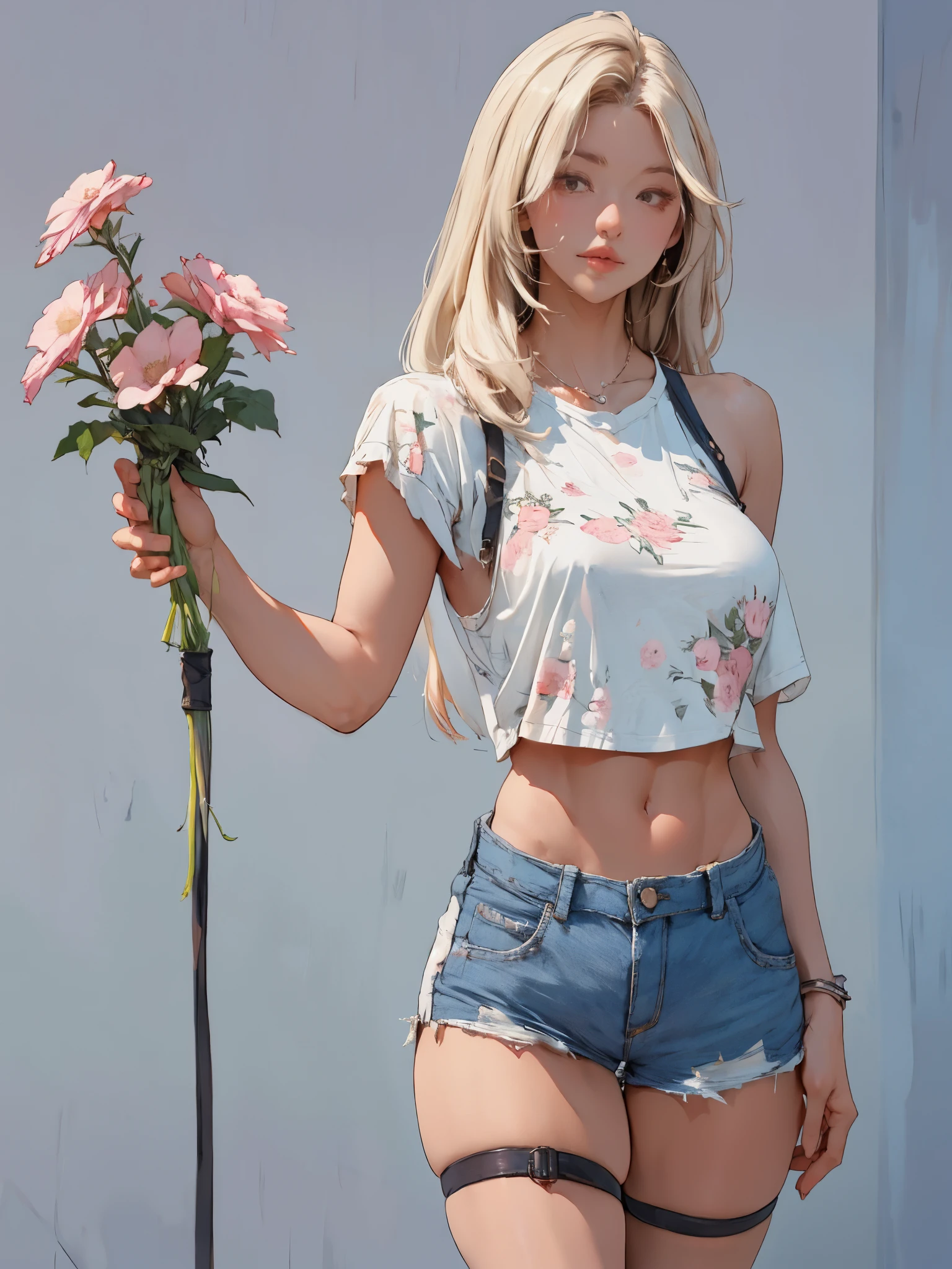 1girl, standing, (alluring gesture:0.6), detailed face, looking at viewer, thighs, crop top, low-rise micro shorts, thigh strap, (strap gap:1.2), long hair, dramatic lighting, white hair, flower hairpin, nose blush, (masterpiece, high quality, best quality:1.2), modern geometric patterned clothing,