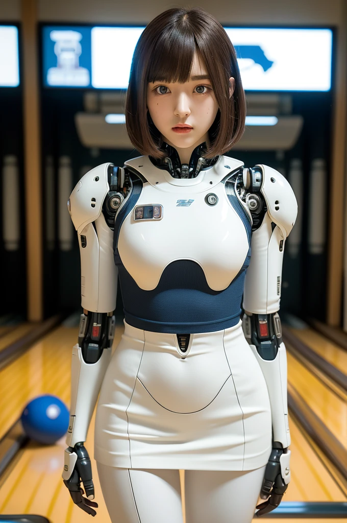 masterpiece, best quality, extremely detailed, Japanese android girl,Plump ,control panels,robot arms,robot,android,cyborg,white robot body,ceramic body,perfect robotgirl,blunt bangs,bowling,bowler,skirt,blue eyes