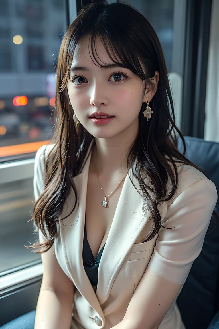 Commuting Train、, Highest quality, shape, Very detailed, In detail, High resolution, 8k wallpaper, Perfect dynamic composition, Beautiful details,  Natural Lip, suit, Big Breasts, Cleavage, She&#39;s looking outside, her face deep in thought..., A masterpiece of the whole body, Full Body Shot