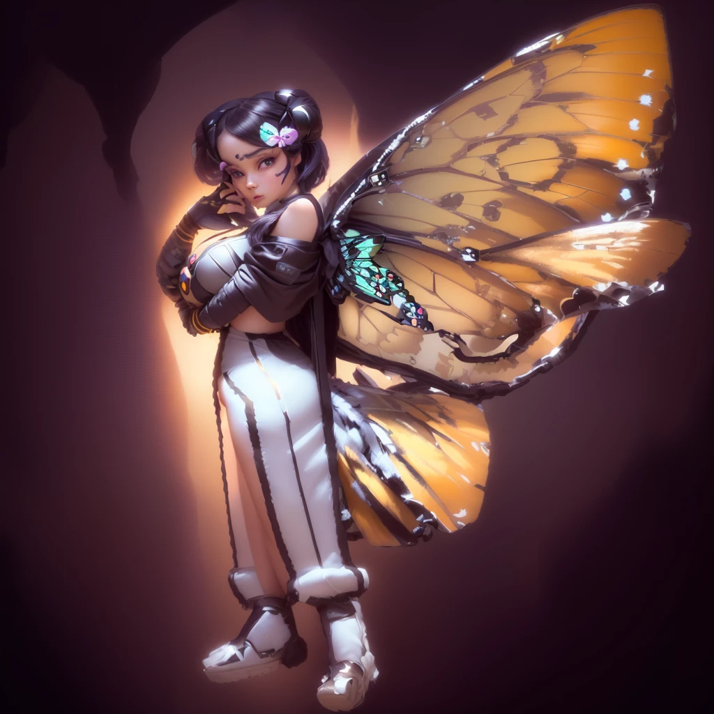 a close up of a person with a butterfly on their back, Insect trainer girl, pixie character, with large wings, butterfly wings, DreamWorks animated Björk, with real wings, butterfly, with beautiful wings, torn wings, fan art, combined character, aesthetic cute with awe, full-length short film portrait!, transparent wings, inca harpy girl