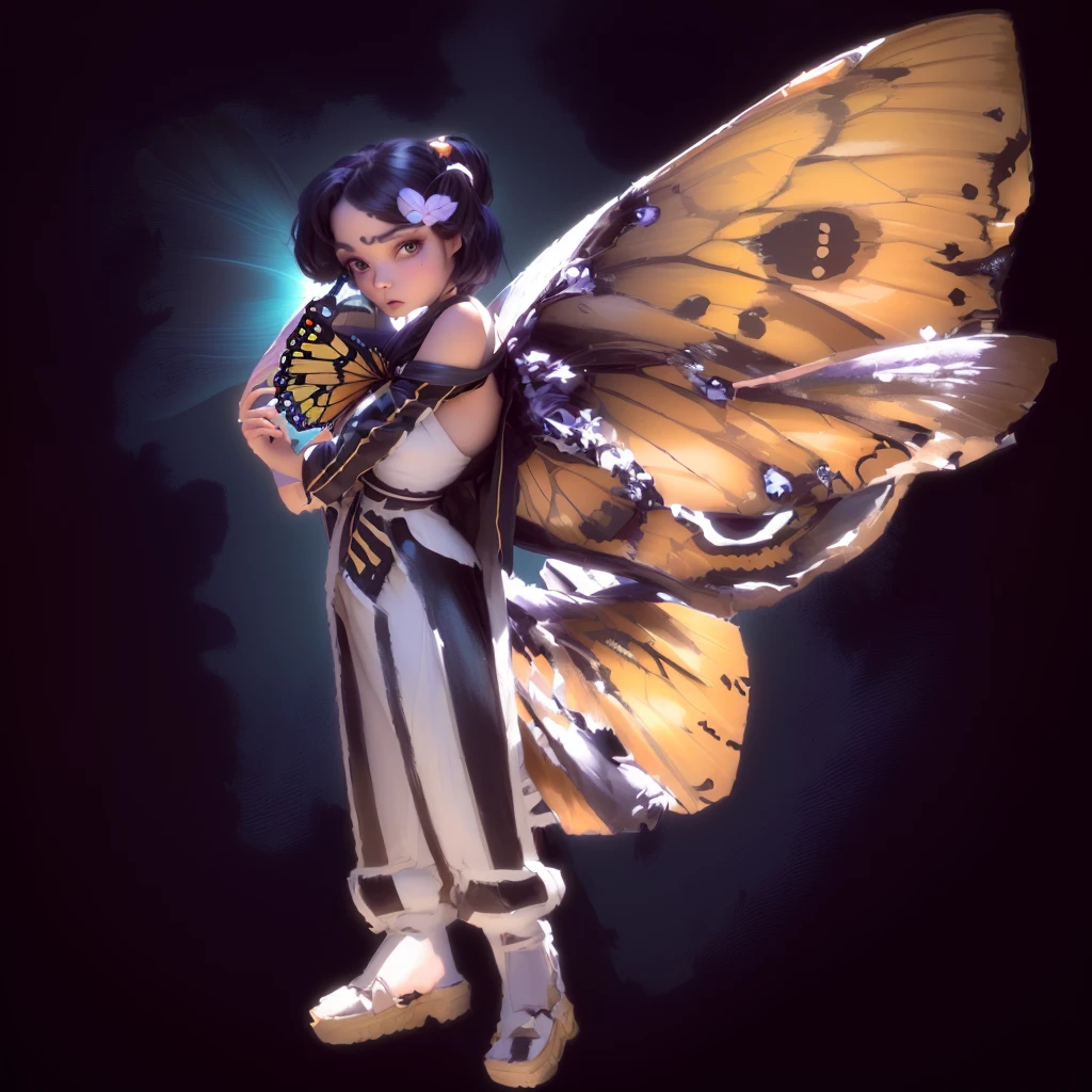 a close up of a person with a butterfly on their back, Insect trainer girl, pixie character, with large wings, butterfly wings, DreamWorks animated Björk, with real wings, butterfly, with beautiful wings, torn wings, fan art, combined character, aesthetic cute with awe, full-length short film portrait!, transparent wings, inca harpy girl