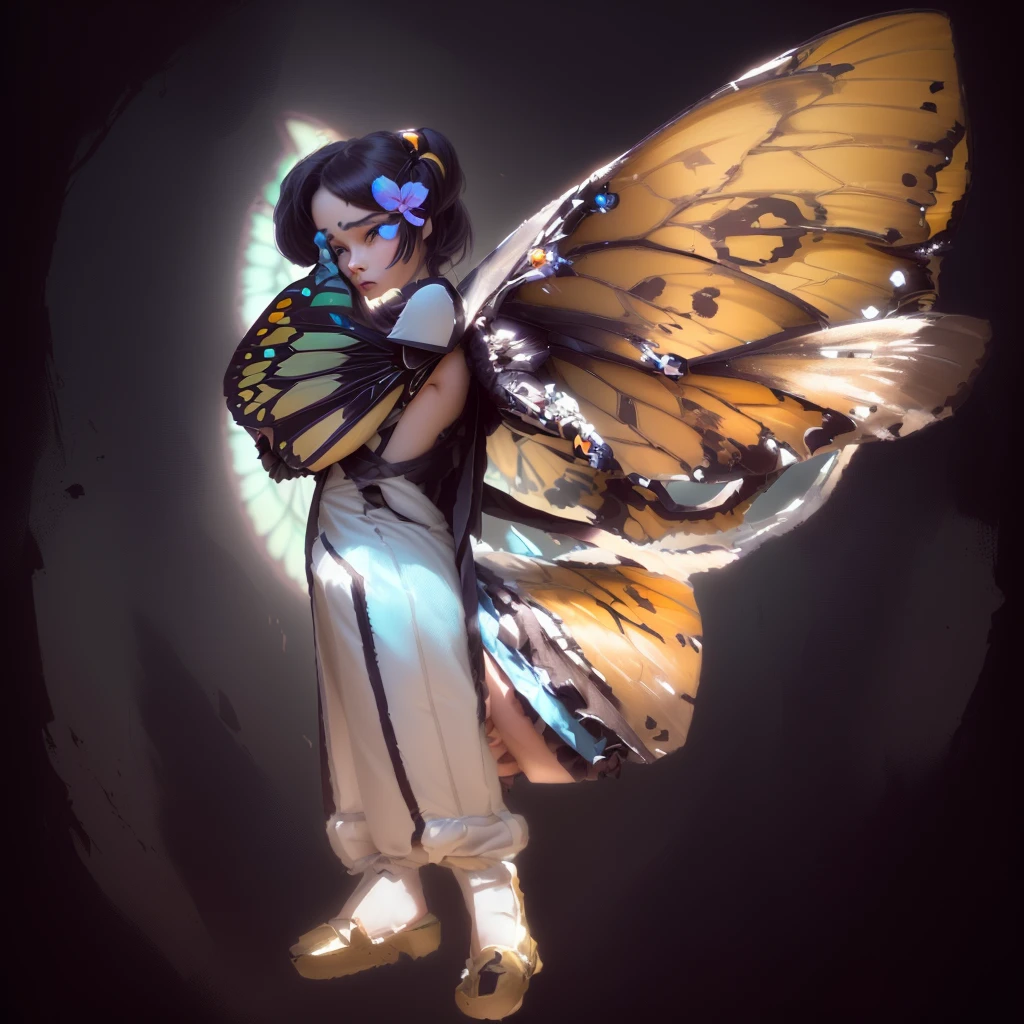 a close up of a person with a butterfly on their back, Insect trainer girl, pixie character, with large wings, butterfly wings, DreamWorks animated Björk, with real wings, butterfly, with beautiful wings, torn wings, fan art, combined character, aesthetic cute with awe, full-length short film portrait!, transparent wings, inca harpy girl