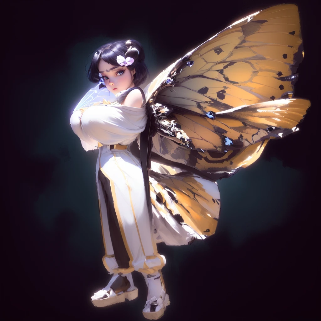 a close up of a person with a butterfly on their back, Insect trainer girl, pixie character, with large wings, butterfly wings, DreamWorks animated Björk, with real wings, butterfly, with beautiful wings, torn wings, fan art, combined character, aesthetic cute with awe, full-length short film portrait!, transparent wings, inca harpy girl