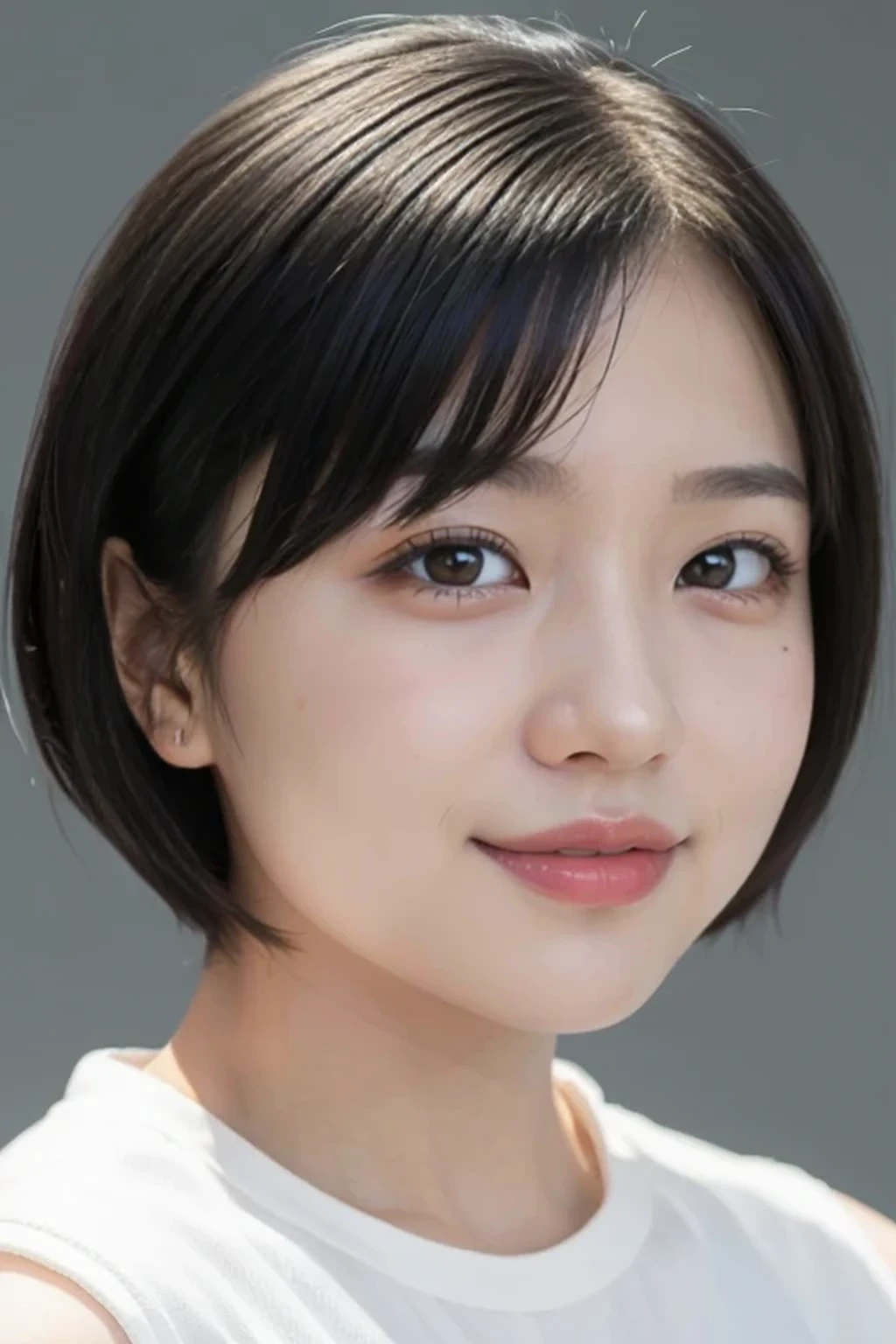 8k, RAW photo, best quality, masterpiece, realistic, photo-realistic, clear, professional lighting, BREAK, beautiful face, no makeup face, eyes and faces with detailed, best quality, ultra high res, BREAK, (portrait:1.3), BREAK, realistic Japanese cute girl, 14 years old, (short cut hair, laugh:1.2), BREAK, standing, small breasts, BREAK, (black eyes, black hair:1.2), (no background, looking at viewer:1.2)
