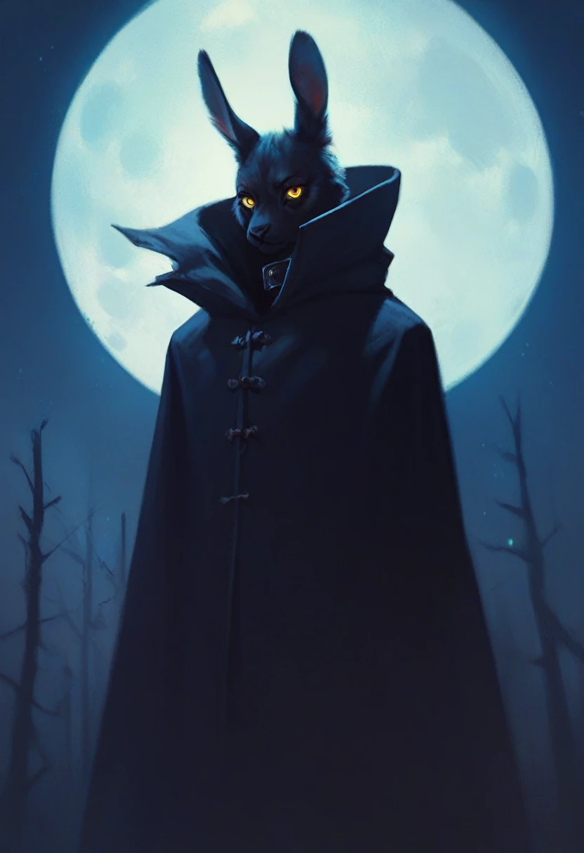 black furry bunny standing under the moonlight wearing a cloak and has glowing yellow eyes , dark background, high detail, no light, woods landscape in the middle of the night, mistic, full moon, moonlight, (flat shading:1.2), (minimalist:1.4)