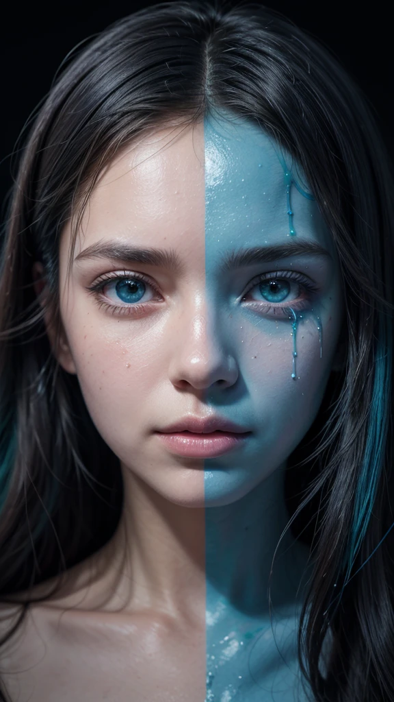 A highly detailed and vibrant digital artwork of a woman's face. Her eyes are prominently displayed, with one eye being a striking shade of blue and the other a mesmerizing green. The face is adorned with a myriad of colors, including bright oranges, blues, pinks, and purples, which appear to be dripping or melting onto her face. The background is a deep blue, with small, glowing orbs scattered throughout, adding to the ethereal ambiance of the artwork.