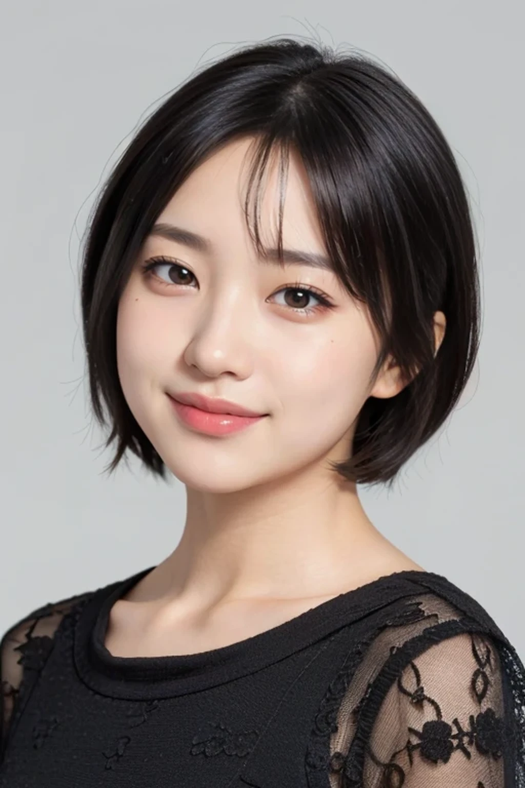 8k, RAW photo, best quality, masterpiece, realistic, photo-realistic, clear, professional lighting, BREAK, beautiful face, no makeup face, eyes and faces with detailed, best quality, ultra high res, BREAK, (portrait:1.3), BREAK, realistic Japanese cute girl, , (short cut hair, laugh:1.2), BREAK, standing, small breasts, BREAK, (black eyes, black hair:1.2), (no background, looking at viewer:1.2)