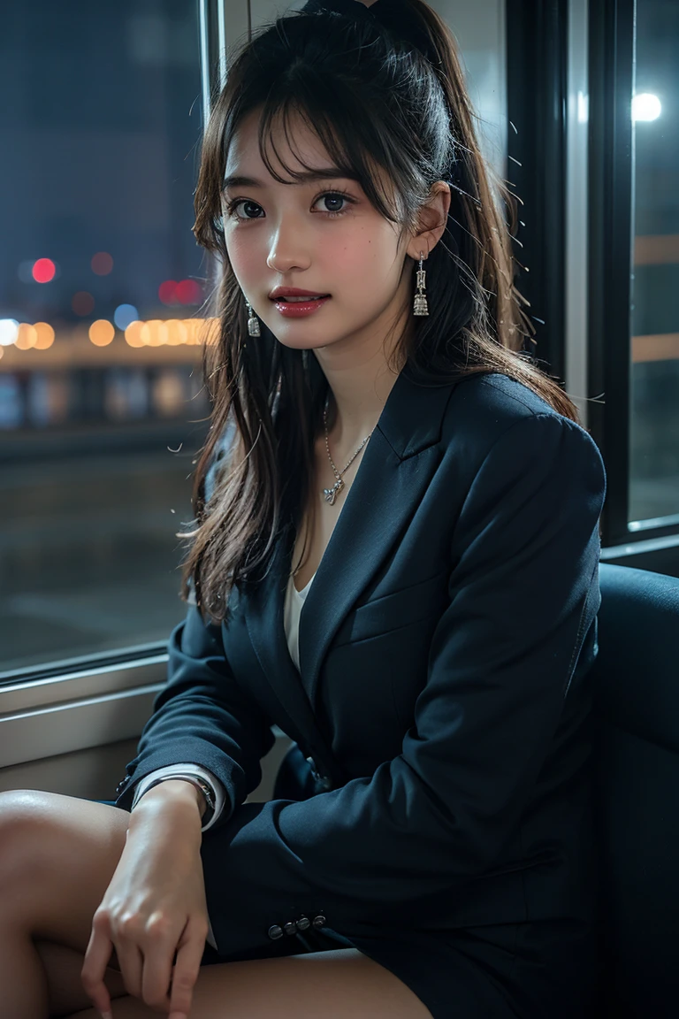 best quality, masterpiece, 1girl, Beautiful face, (photo realistic:1.3), rim lighting, (high detailed skin:1.2), 8k uhd, dslr, high quality, high resolution, 4k, 8k, Bokeh, absurdres, best ratio four finger and one thumb, (realistic:1.3), cute 1girl, wearing black formal blazer, medium breasts, short skirt,