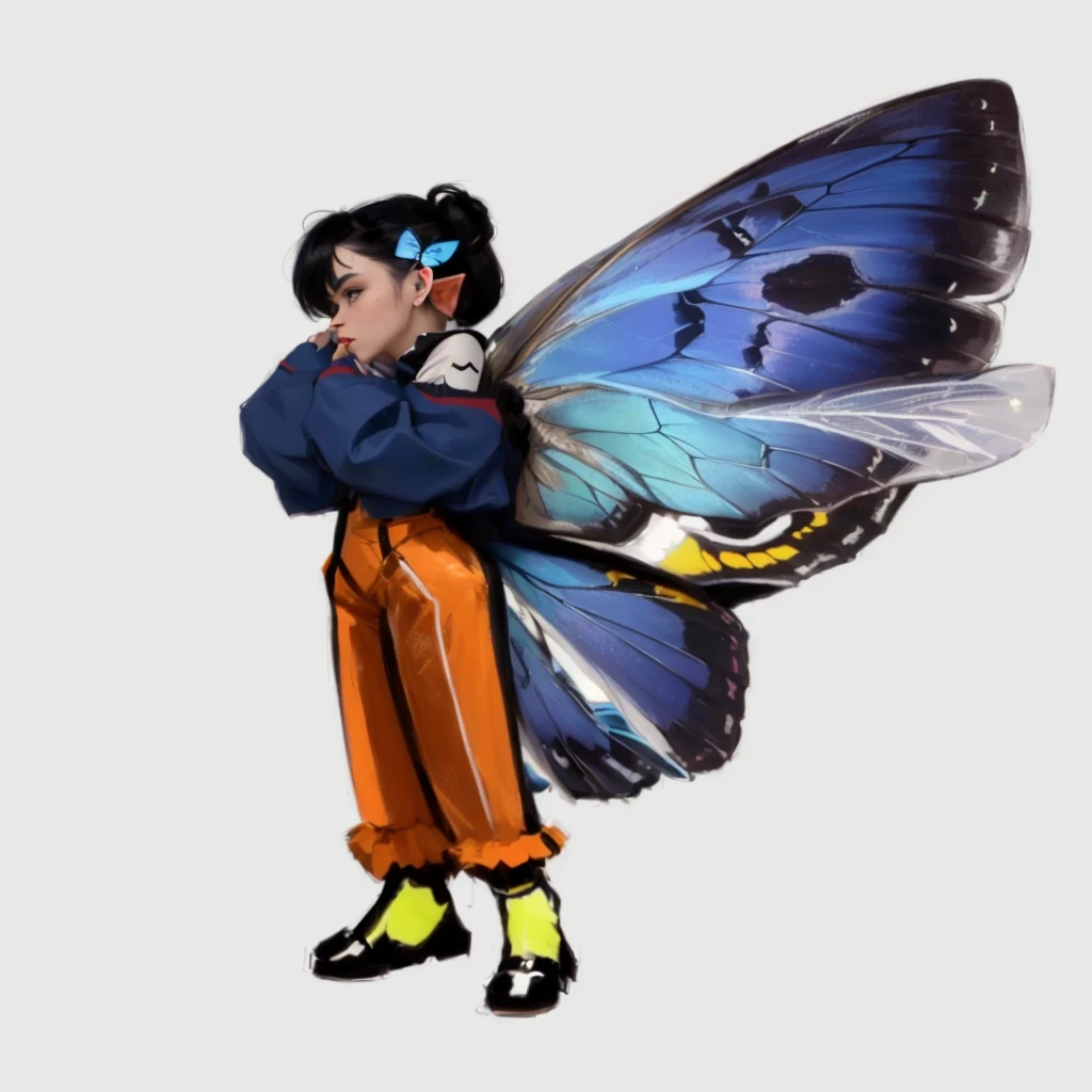 a close up of a person with a butterfly on their back, Insect trainer girl, pixie character, with large wings, butterfly wings, DreamWorks animated Björk, with real wings, butterfly, with beautiful wings, torn wings, fan art, combined character, aesthetic cute with awe, full-length short film portrait!, transparent wings, inca harpy girl