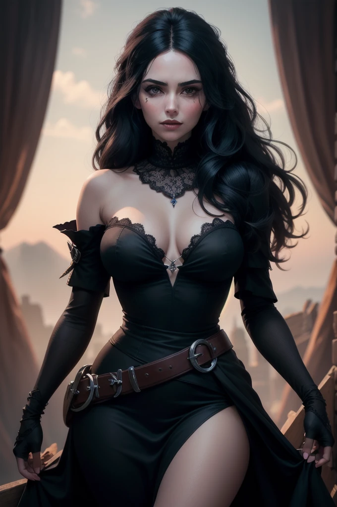 Beautiful, sexy woman who resembles Yennefer from The Witcher as a necromancer with long black hair and glowing violet eyes, purples eyes, cabelo igual ao Yennefer de The Witcher, very sexy dress, hair falling over your shoulders, big and sexy breasts, Full HD quality,ultra quality, 4K, ​masterpiece
