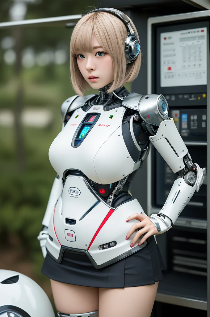 masterpiece, best quality, extremely detailed, Japanese android girl,Plump ,control panels,robot arms,robot,android,cyborg,white robot body,ceramic body,perfect robotgirl,blunt bangs,golfer,golf wear,skirt,blue eyes