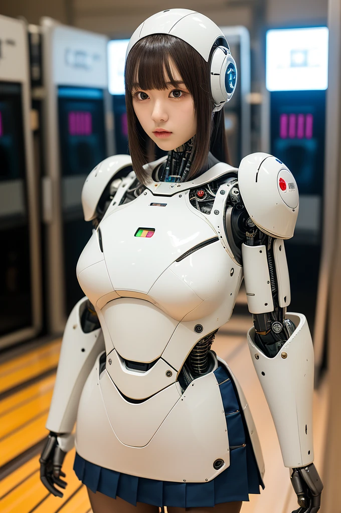 masterpiece, best quality, extremely detailed, Japanese android girl,Plump ,control panels,robot arms,robot,android,cyborg,white robot body,ceramic body,perfect robotgirl,blunt bangs,bowling,bowler,skirt,blue eyes