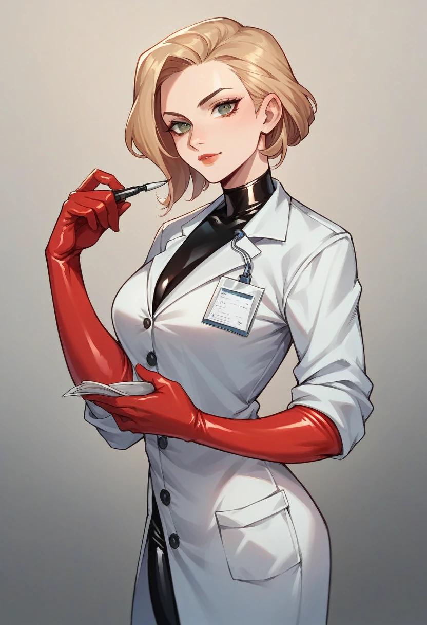 1girl, ((red elbow gloves)), ((surgical gloves)), ((latex gloves)), ((long sleeves)), ((black surgeon outfit)), ((black doctor outfit)), looking at viewer, standing, solo
