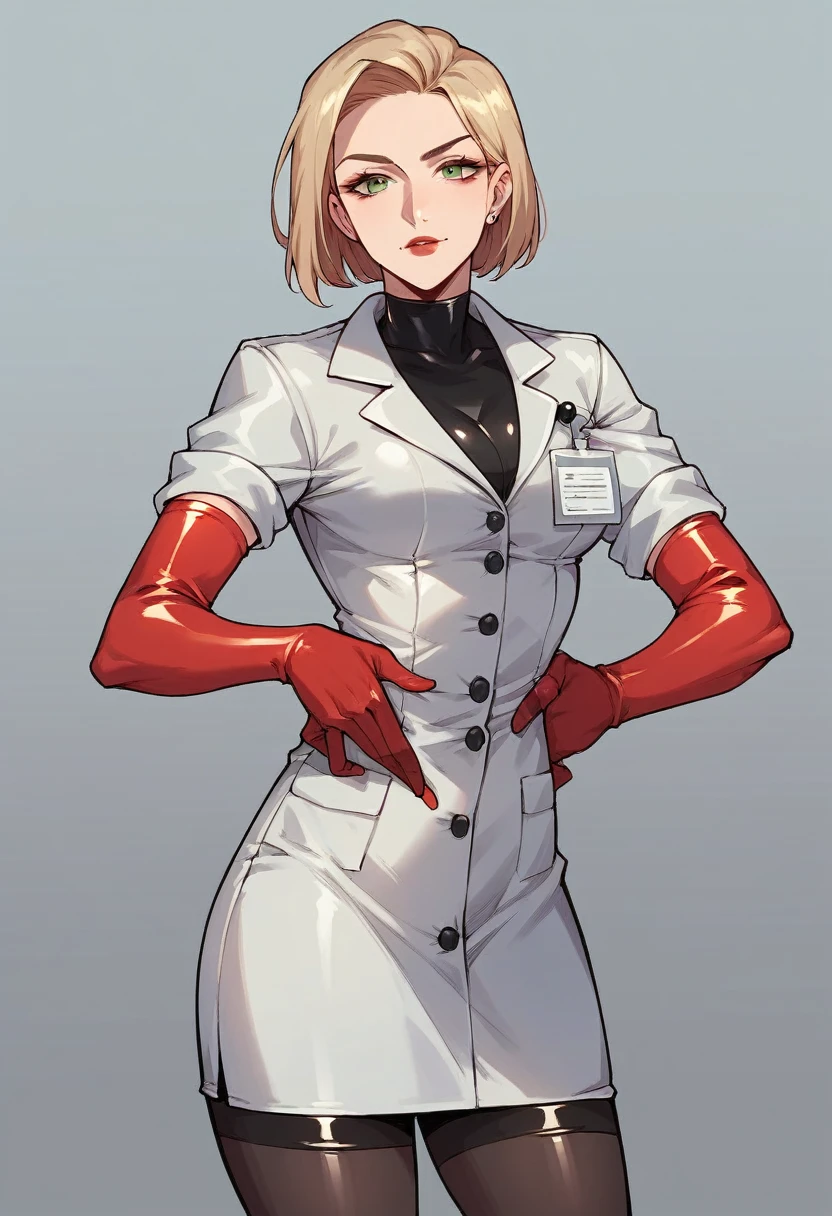 1girl, ((red elbow gloves)), ((surgical gloves)), ((latex gloves)), ((long sleeves)), ((black surgeon outfit)), ((black doctor outfit)), looking at viewer, standing, solo