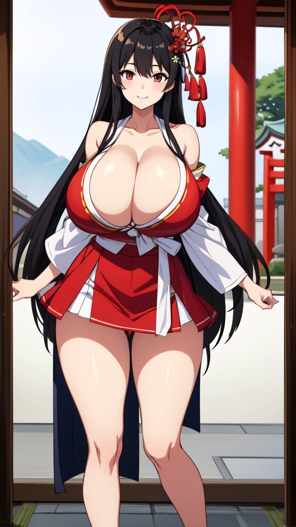 Girl in Japanese shrine maiden outfit, smile, Showing her breasts, (Huge breasts:1.6), Cleavage, (Black Hair), Super Long Hair, hair ornament, ribbon,White kimono, Shoulder-exposing sleeves, open-chested costume, Short skirt, Red Skirt, (upskirt), cameltoe,