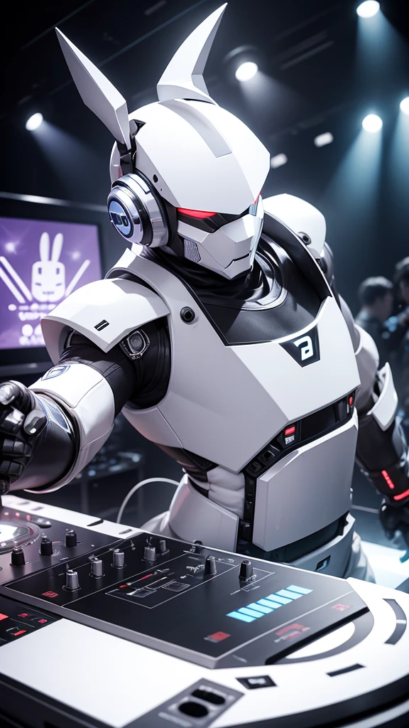 robot rabbit, White color, masculine, humanoid, in a club playing a turntable and dj mixer,