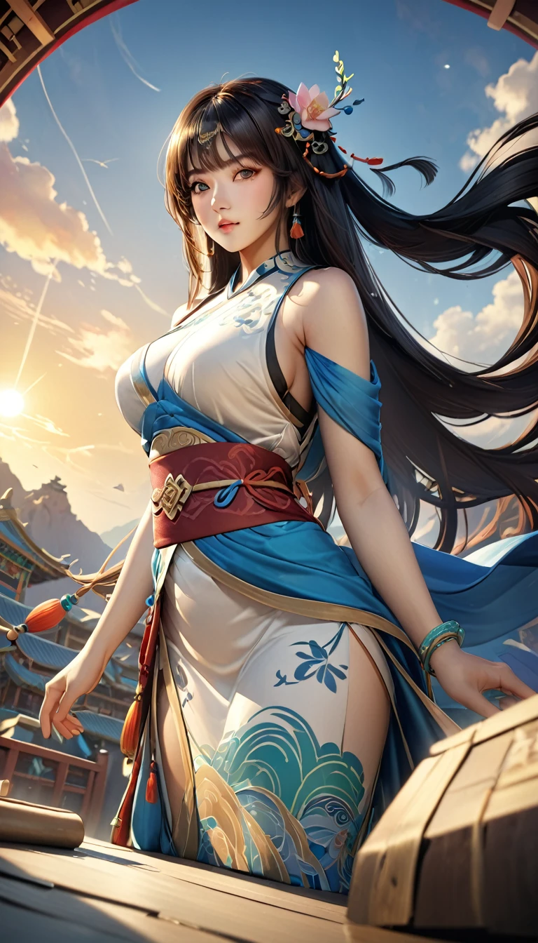 raw high quality photo, photorealistic, best quality, extremely detailed, masterpiece, hyperdetailed, illustration, 1 girl, dynamic angle, world masterpiece theater, messy long hair, 8k cgi wallpaper, ink, amazing, cinematic lighting, lens flare, full body: 1.2, dunhuang style, flight: 1.2