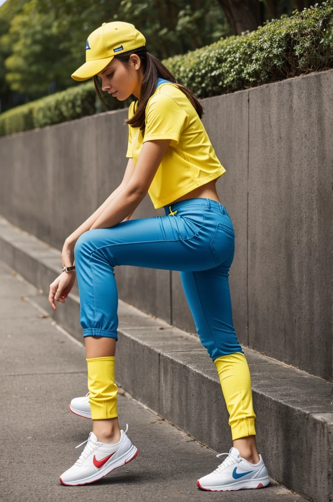 A sporty girl with a yellow cap, blue pants and red shoes 