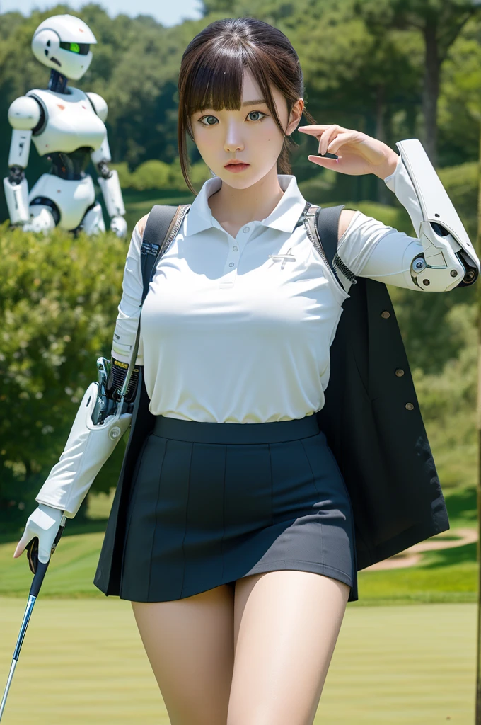 masterpiece, best quality, extremely detailed, Japanese android girl,Plump ,control panels,robot arms,robot,android,cyborg,white robot body,ceramic body,perfect robotgirl,blunt bangs,golfer,golf wear,skirt,blue eyes
