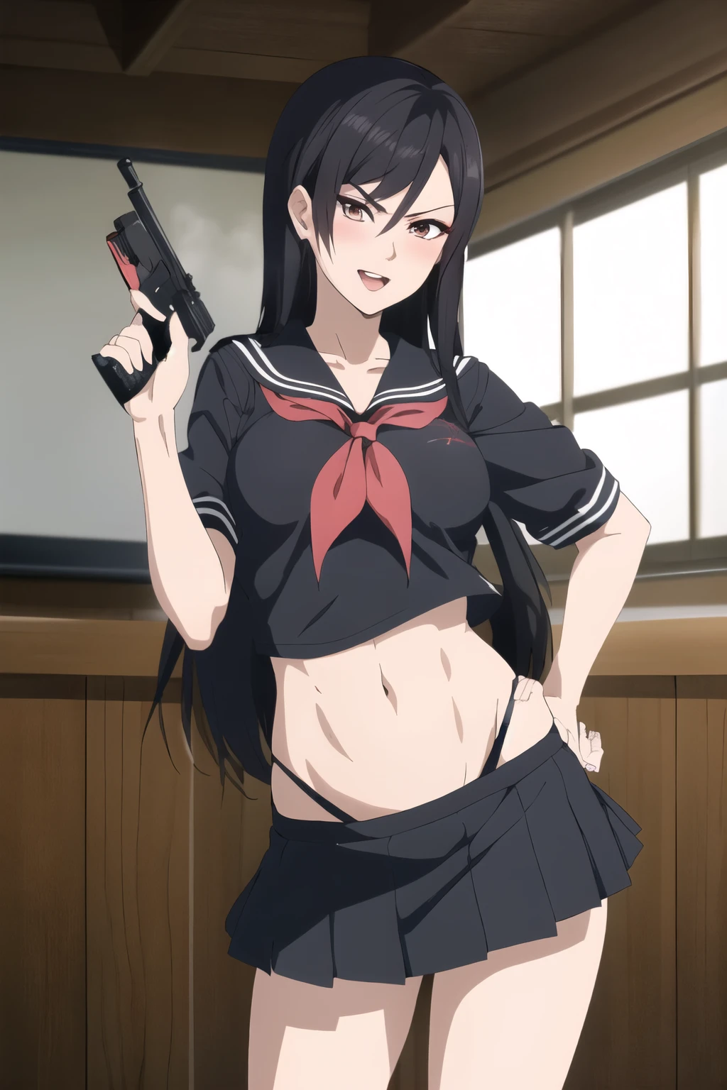 kokoro, 1girl, long hair, mature female, makeup, eyelashes, blush, lipstick, Hot girl, baddie, staring, glaring, bad attitude, mean girl, dare, angry, hate, crazy, smoking, sensual, attractive, masterpiece, best quality, highly detailed, a anime girls in sailor uniforms with a gun posing for a picture,
evil smile, smile, open mouth,black_serafuku, ecchi anime style, anime girls , (nsfw) not safe for work,
ecchi style, ecchi, shipgirls, digital anime art!!, high school girls, holding a gun, hold a gun, anime style 4
k, micro skirt, exposed belly, exposed navel, exposed midriff,
exposed lower belly,school, classroom,