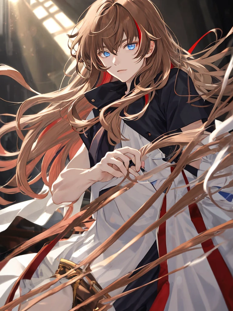 Creates a young adult with light brown hair with red streaks of blue eyes with a defined and quite handsome physical body.